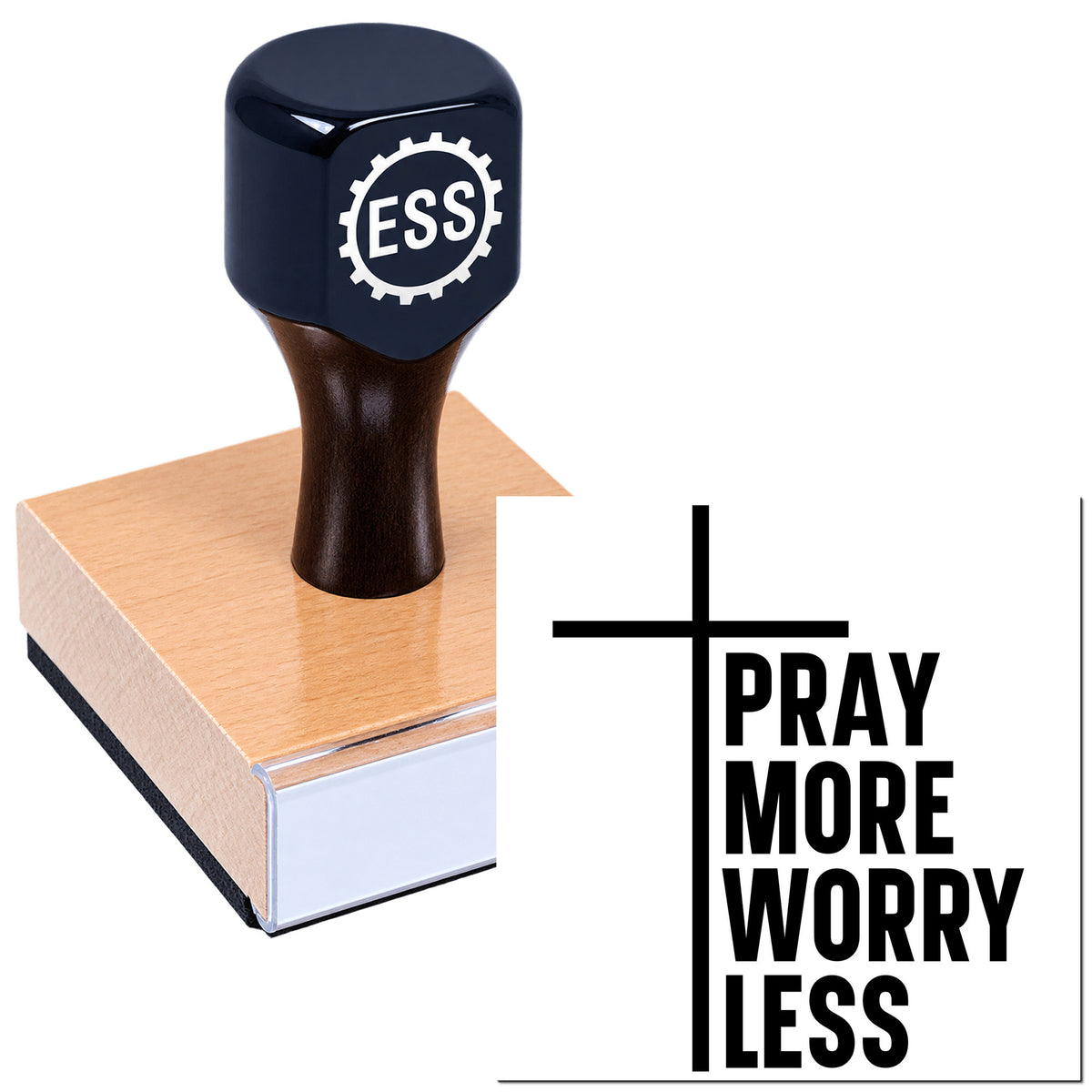 Black ESS rubber stamp and seal on a wooden block, with bold white "Pray More Worry Less" design.