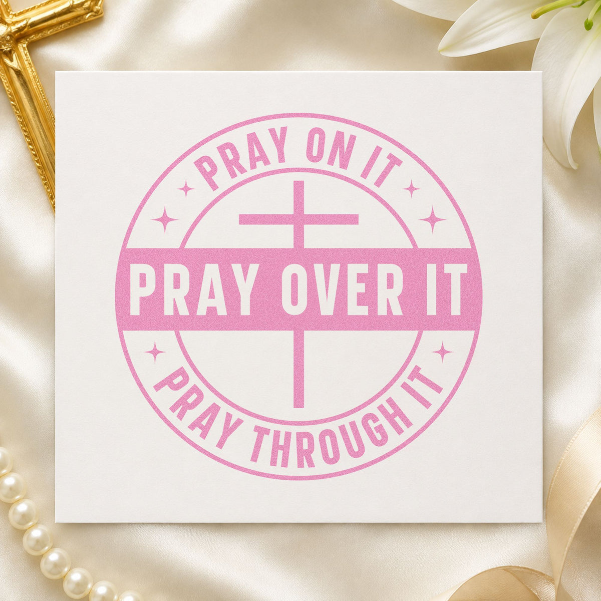 Pray on It Badge craft stamp in purple ink on cardstock, an easy option for study guide headers.