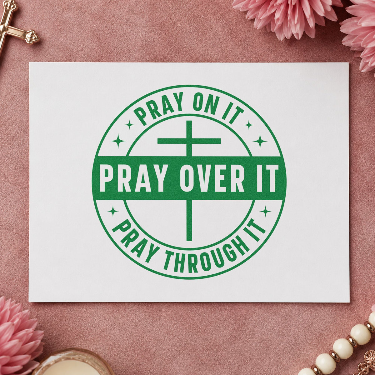 Pray on It Badge craft stamp imprint in green ink on a handmade project, one idea being round label seals.