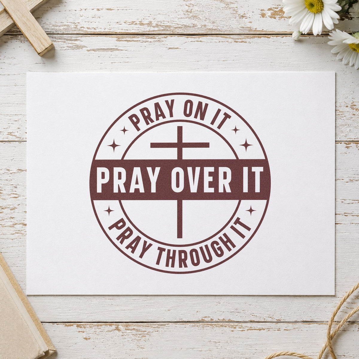 Pray on It Badge rubber stamp printed in brown ink, ready for scrapbook trial pages and similar paper crafts.
