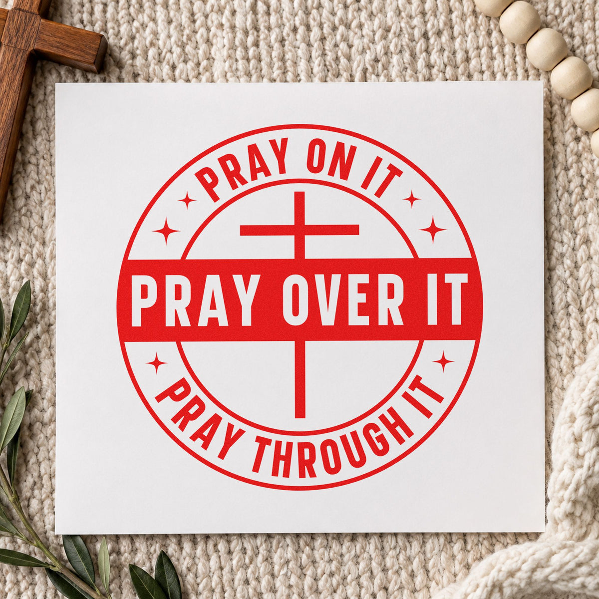 Pray on It Badge rubber stamp shown in red ink, stamped for projects such as men's group notes.