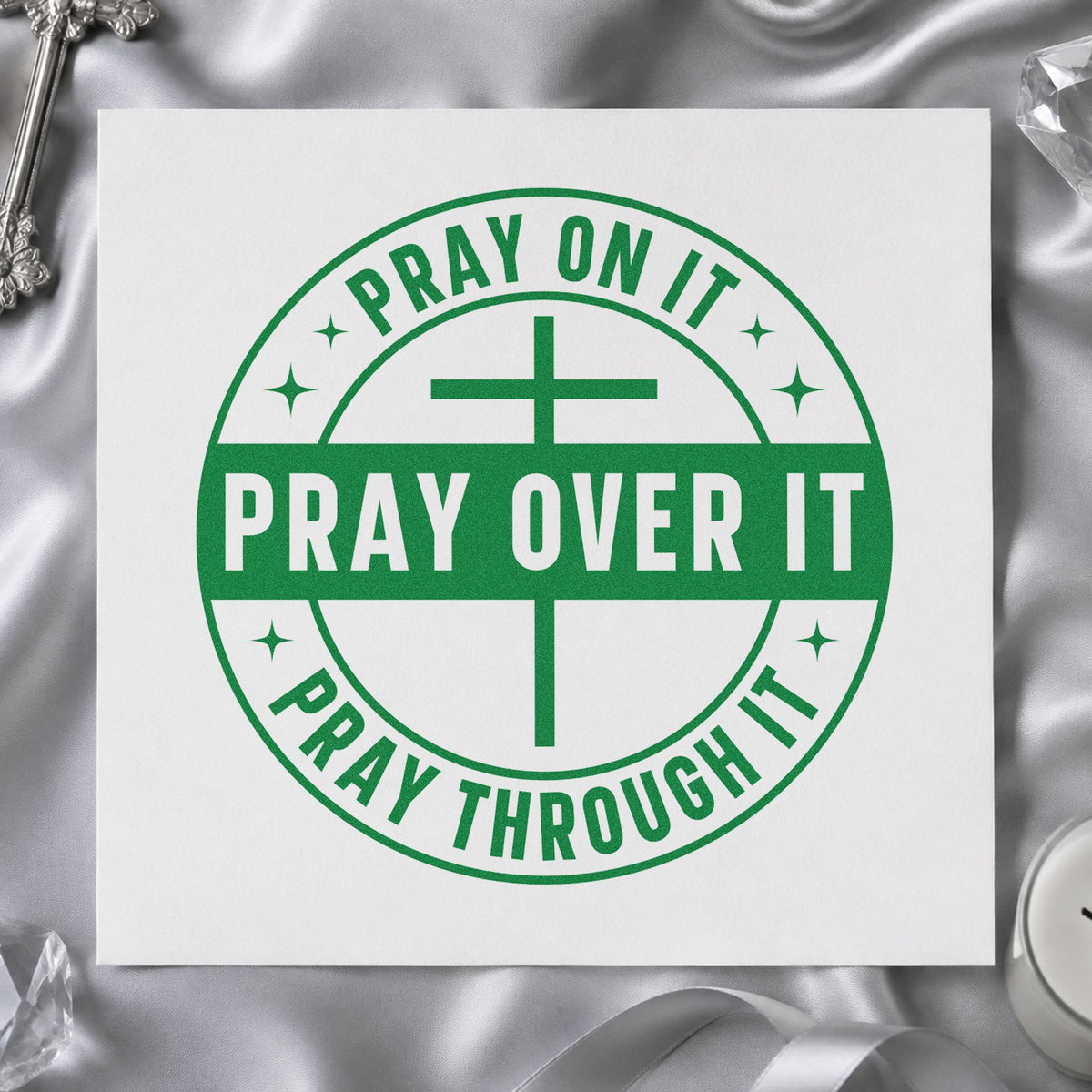 Pray on It Badge craft stamp imprint in green ink on a handmade project, one idea being bookmark crafts.
