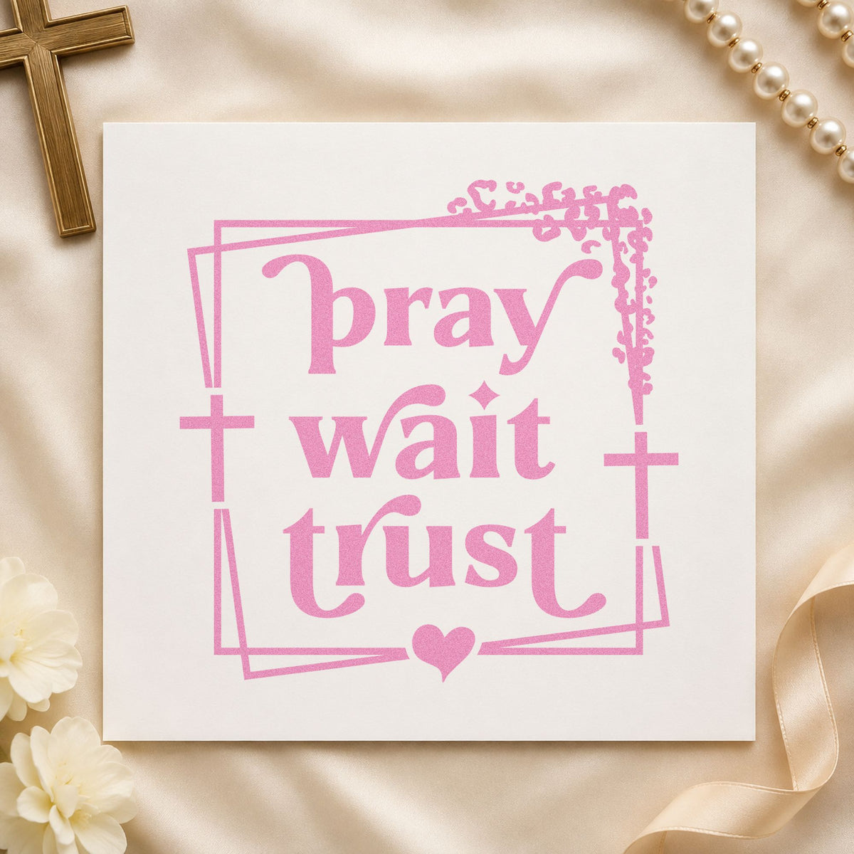 Pray Wait Trust craft stamp in purple ink on cardstock, an easy option for planner weekly tabs.