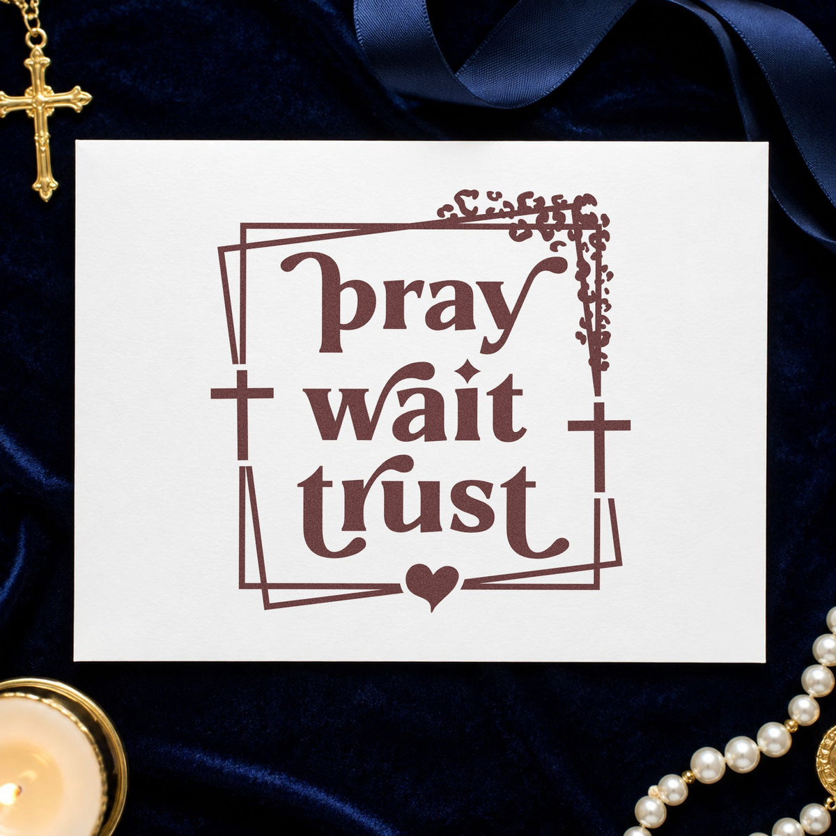 Pray Wait Trust rubber stamp printed in brown ink, ready for scrapbook season pages and similar paper crafts.