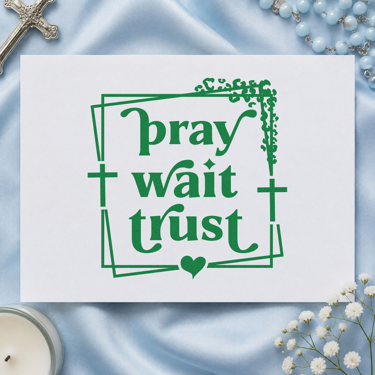 Pray Wait Trust craft stamp imprint in green ink on a handmade project, one idea being coffee gift tags.