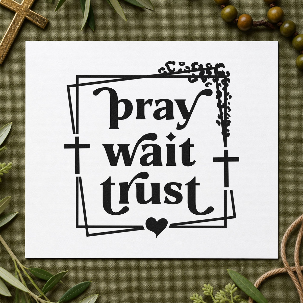Pray Wait Trust rubber stamp printed in black ink, ready for patience cards and similar paper crafts.