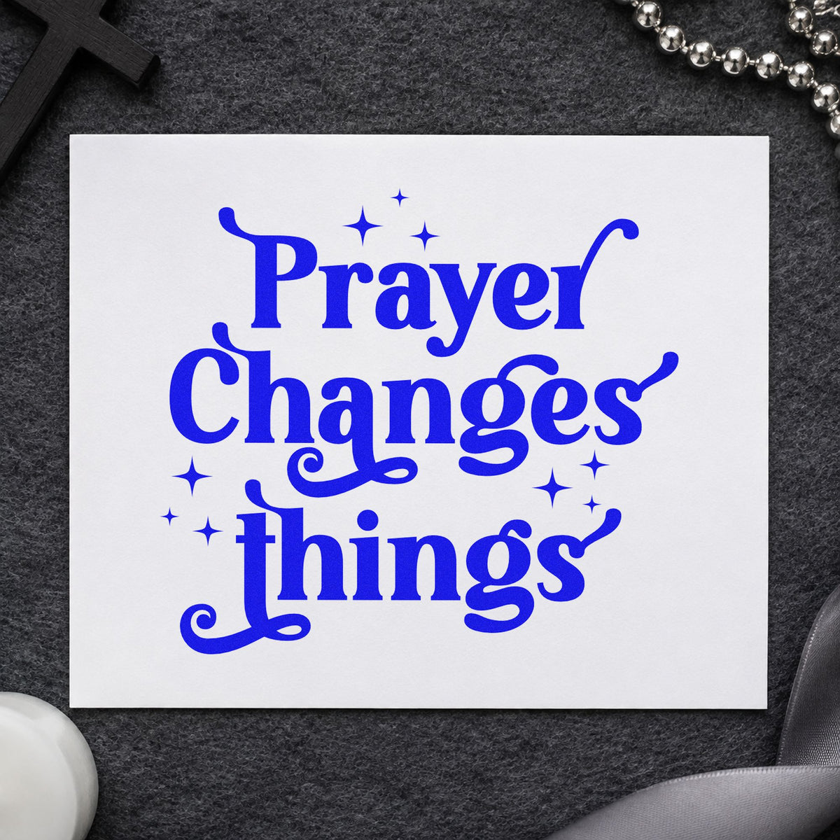 Prayer Changes Things craft stamp in blue ink on cardstock, an easy option for vintage gift wrap.