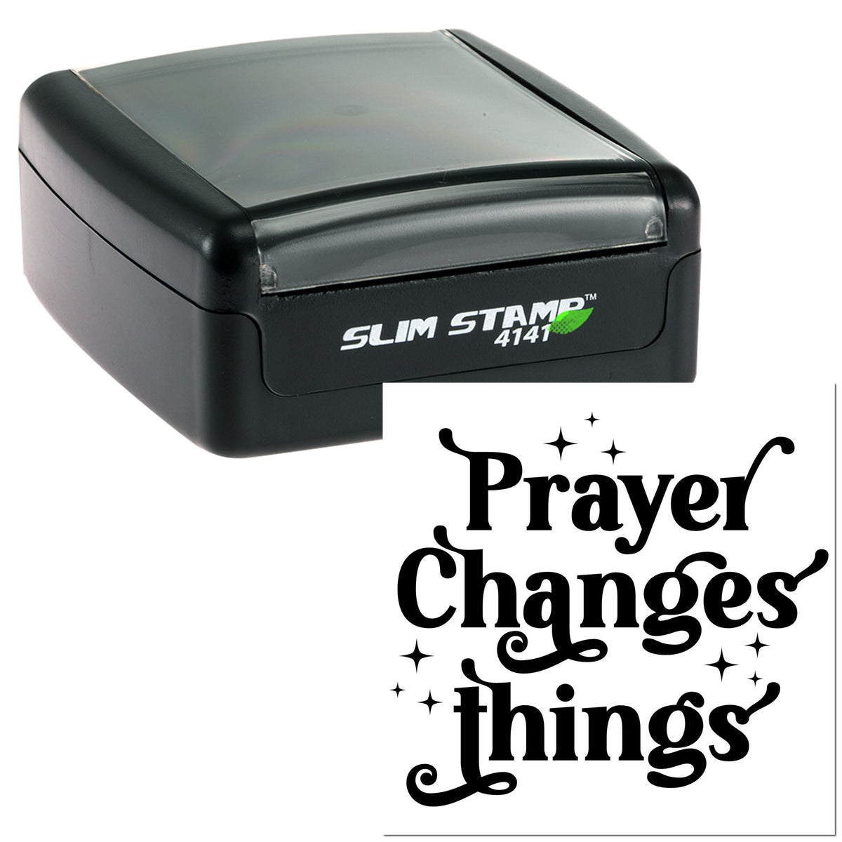 Black Slim Stamp 4141 with gray lid and black Prayer Changes things seal design with sparkles.