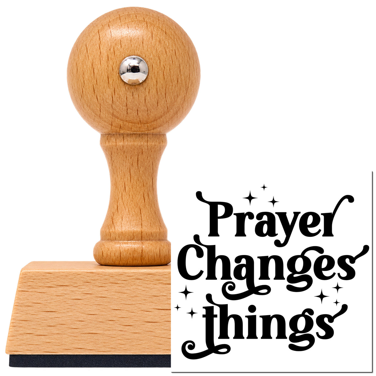 Vintage Pro beech wood stamp with a round knob handle, shown with its black Prayer Changes Things With Sparkles imprint on white.