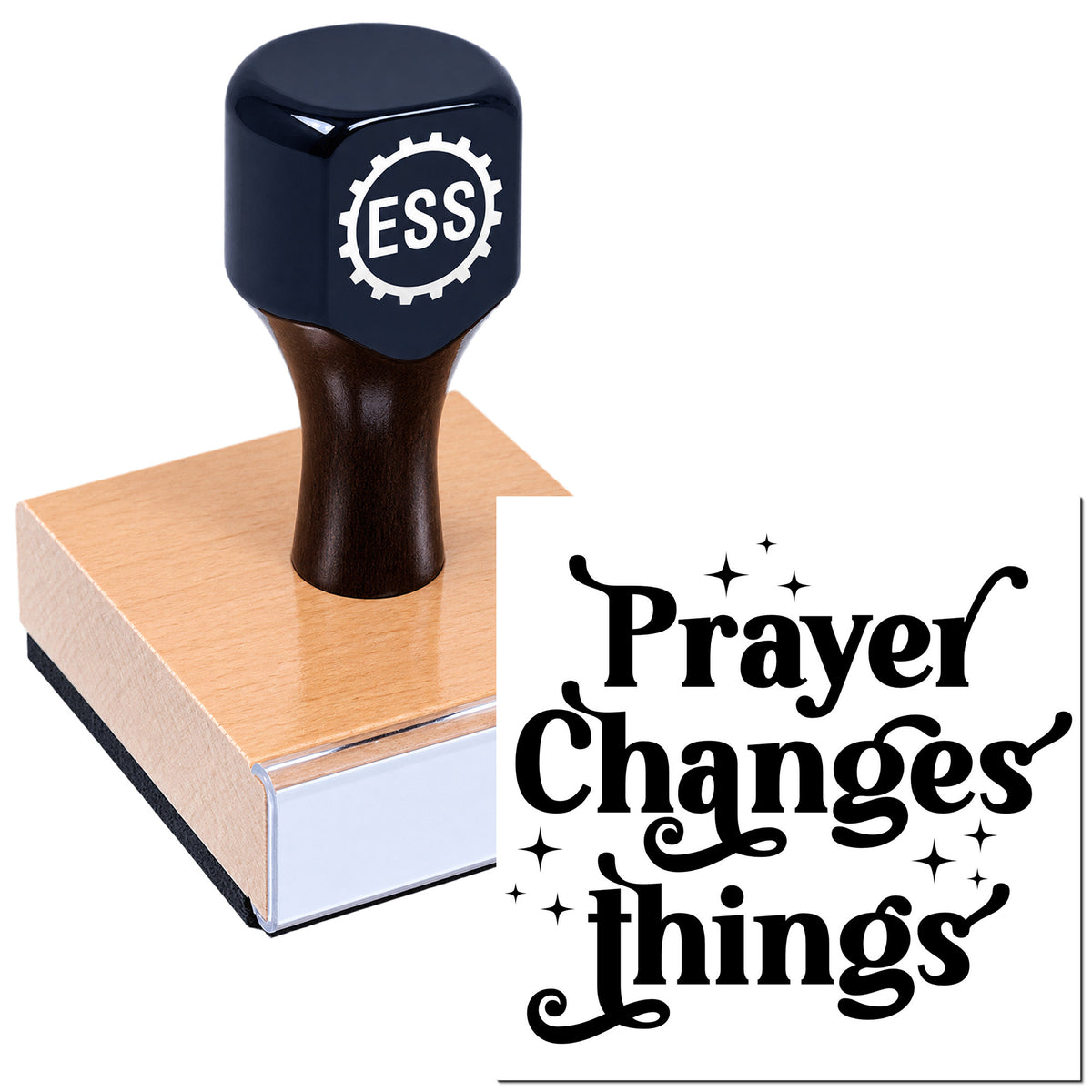 Navy ESS rubber stamp on a pink wooden block, featuring a "Prayer Changes Things" seal design.