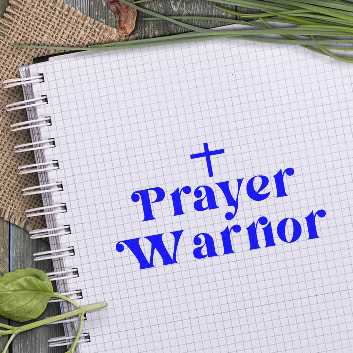 Prayer Warrior rubber stamp shown in blue ink, stamped for projects such as grandmother gifts.