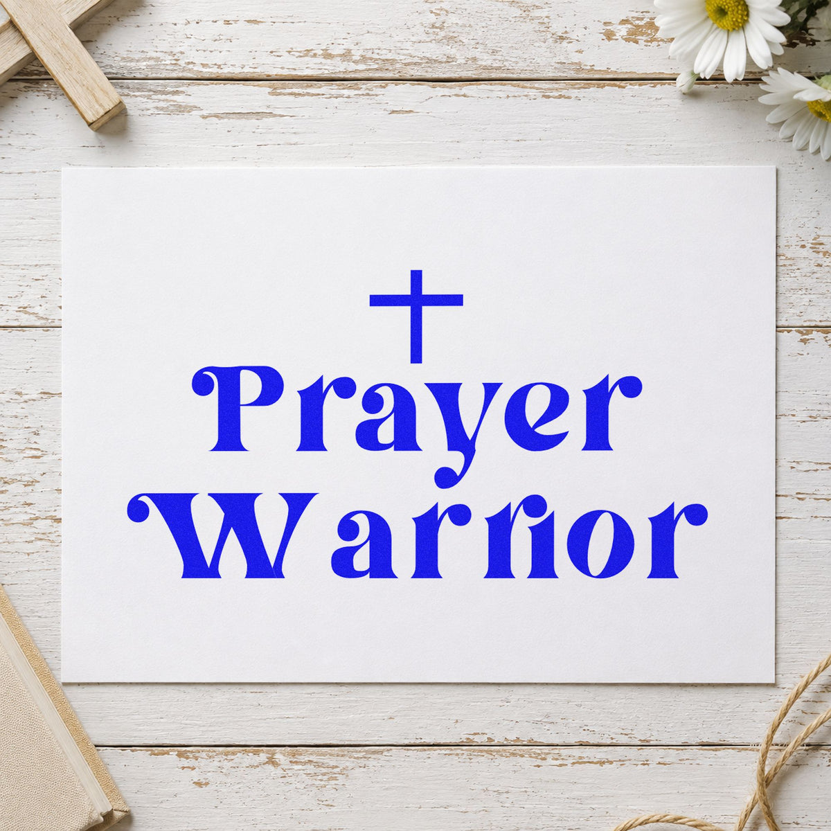 Prayer Warrior craft stamp in blue ink on cardstock, an easy option for scrapbook tribute pages.