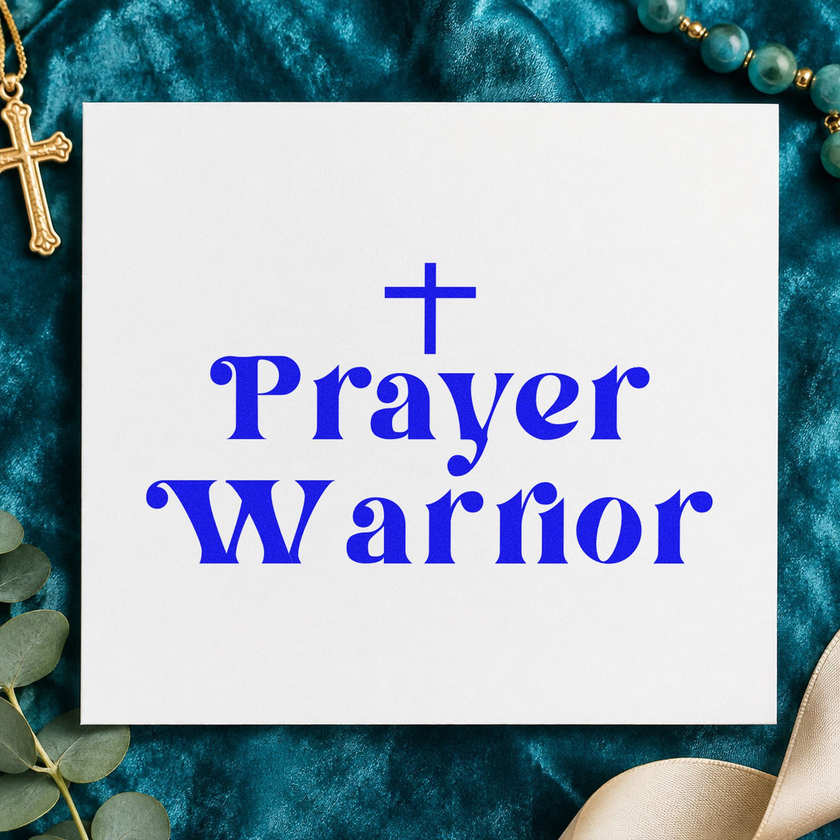 Prayer Warrior craft stamp imprinted in blue ink on paper, a design suited to canvas totes.