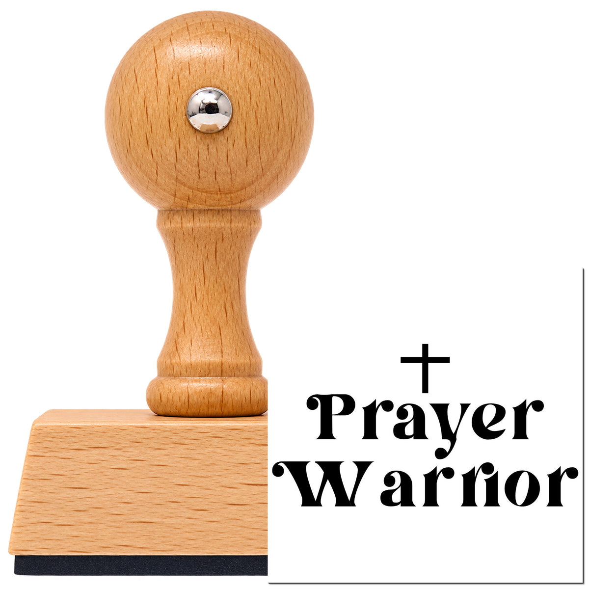 Vintage Pro beech wood stamp with a round knob handle, shown with its black Prayer Warrior imprint on white.