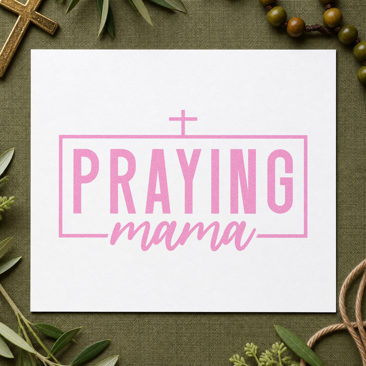 Praying Mama craft stamp in purple ink on cardstock, an easy option for baby shower gifts.