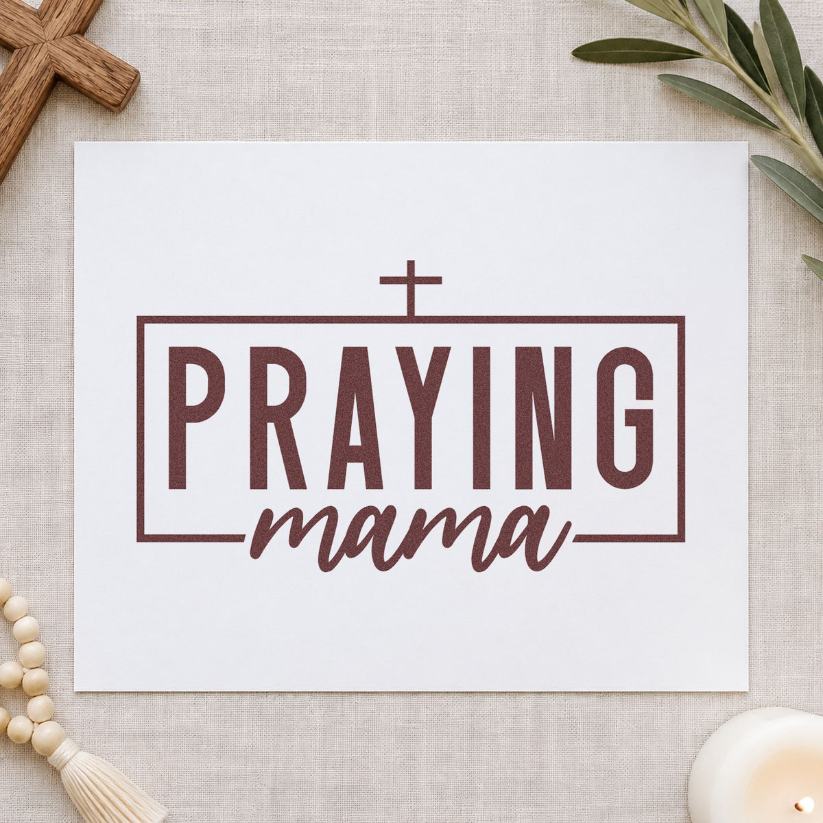 Praying Mama rubber stamp printed in brown ink, ready for scrapbook mom pages and similar paper crafts.