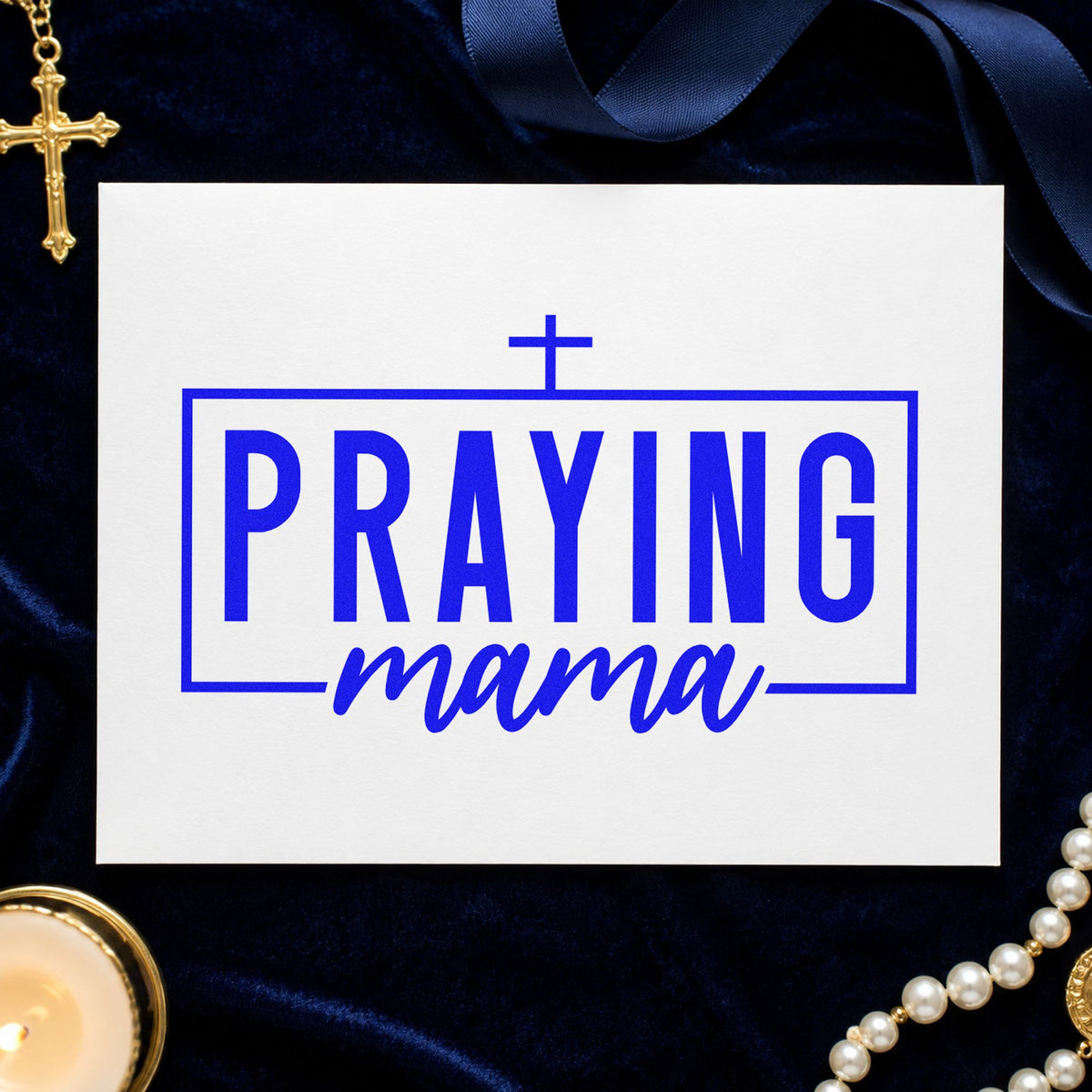 Praying Mama craft stamp in blue ink on cardstock, an easy option for mug gift tags.