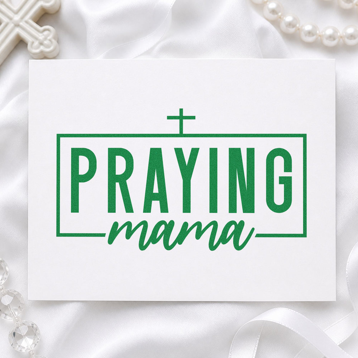 Praying Mama craft stamp imprint in green ink on a handmade project, one idea being framed nursery art.