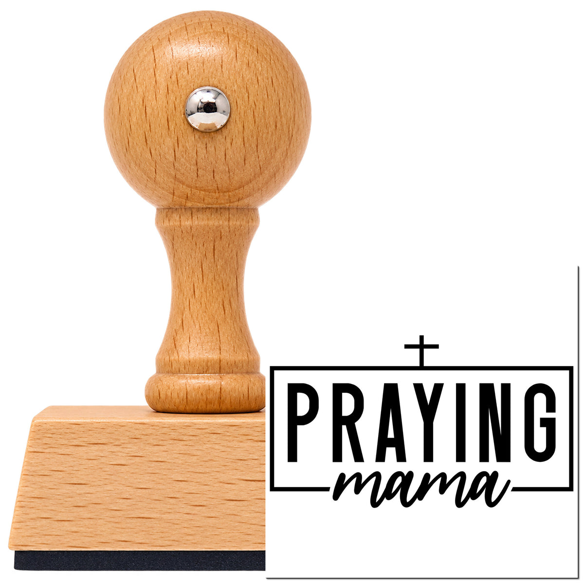 Vintage Pro beech wood stamp with a round knob handle, shown with its black Praying Mama With Cross imprint on white.