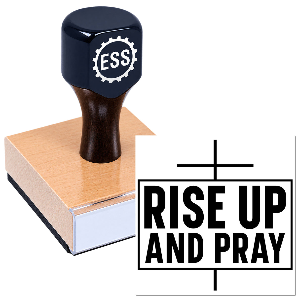 Dark blue ESS rubber stamp on a wooden block beside a black "Rise Up and Pray" seal design.