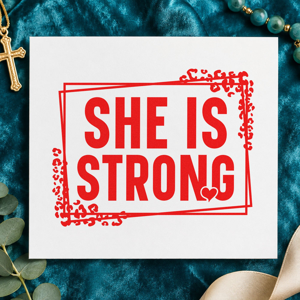 She Is Strong rubber stamp shown in red ink, stamped for projects such as framed bedroom art.