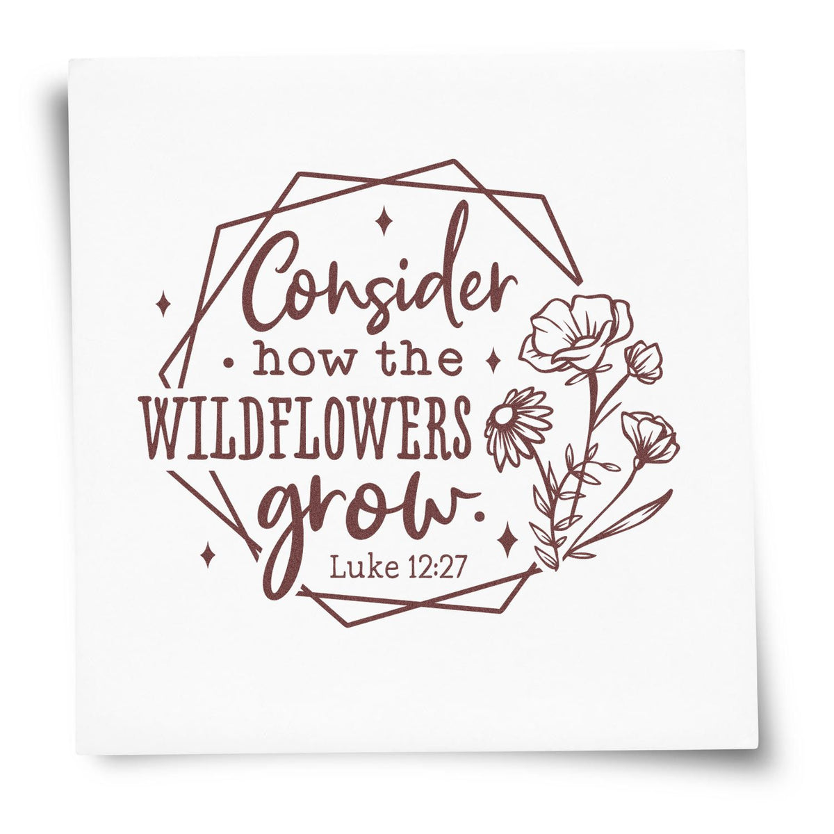 Brown botanical stamp seal reading Consider how the wildflowers grow with flowers and Luke 12:27 on a white background.