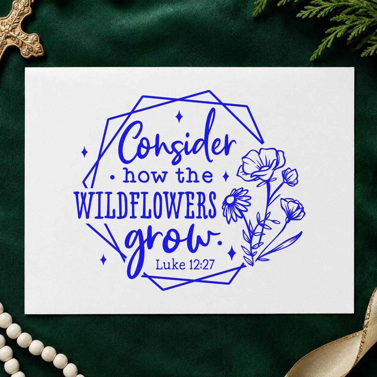 Wildflowers Geometric Frame craft stamp in blue ink on cardstock, an easy option for canvas totes.