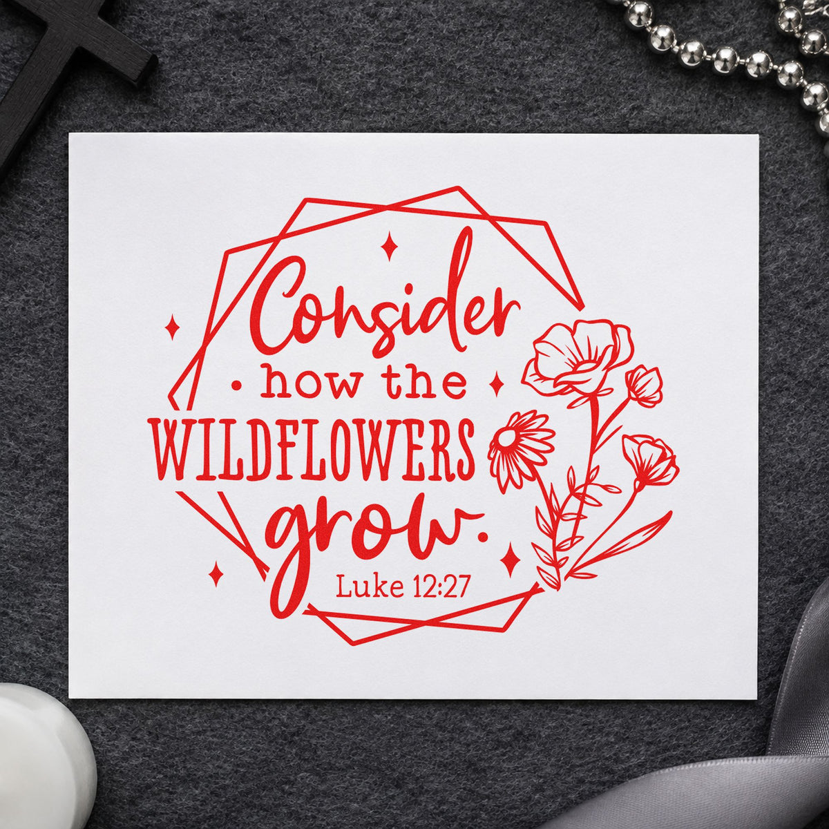 Wildflowers Geometric Frame rubber stamp shown in red ink, stamped for projects such as journal cover stamping.