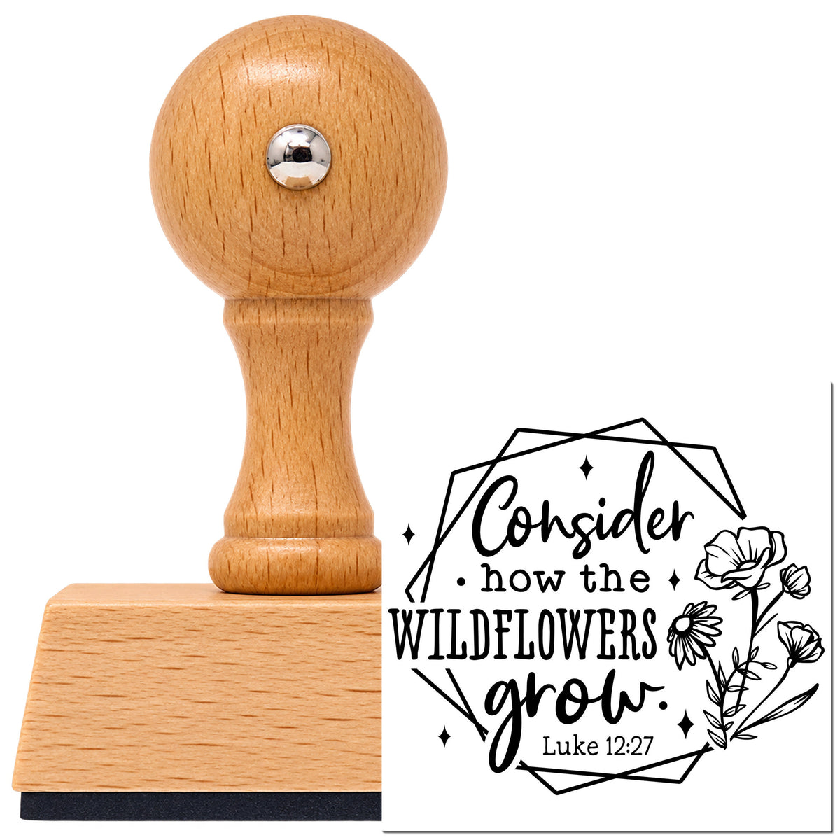 Vintage Pro beech wood stamp with a round knob handle, shown with its black Wildflowers Geometric Framed Lettering imprint on white.