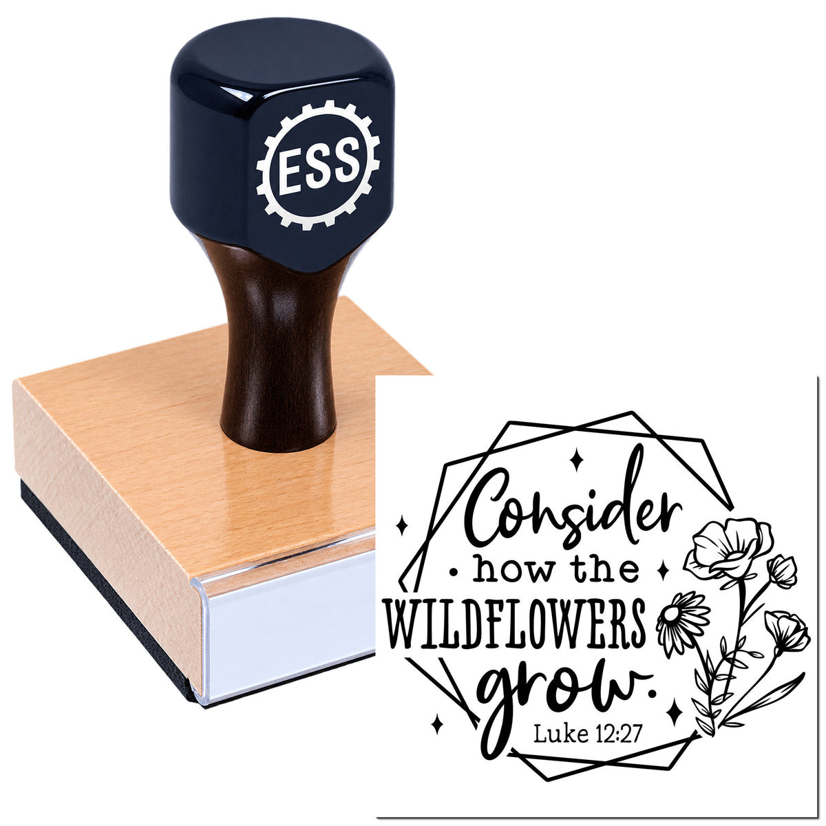 Navy ESS stamp on wooden block beside black floral seal design reading "Consider how the wildflowers grow. Luke 12:27."