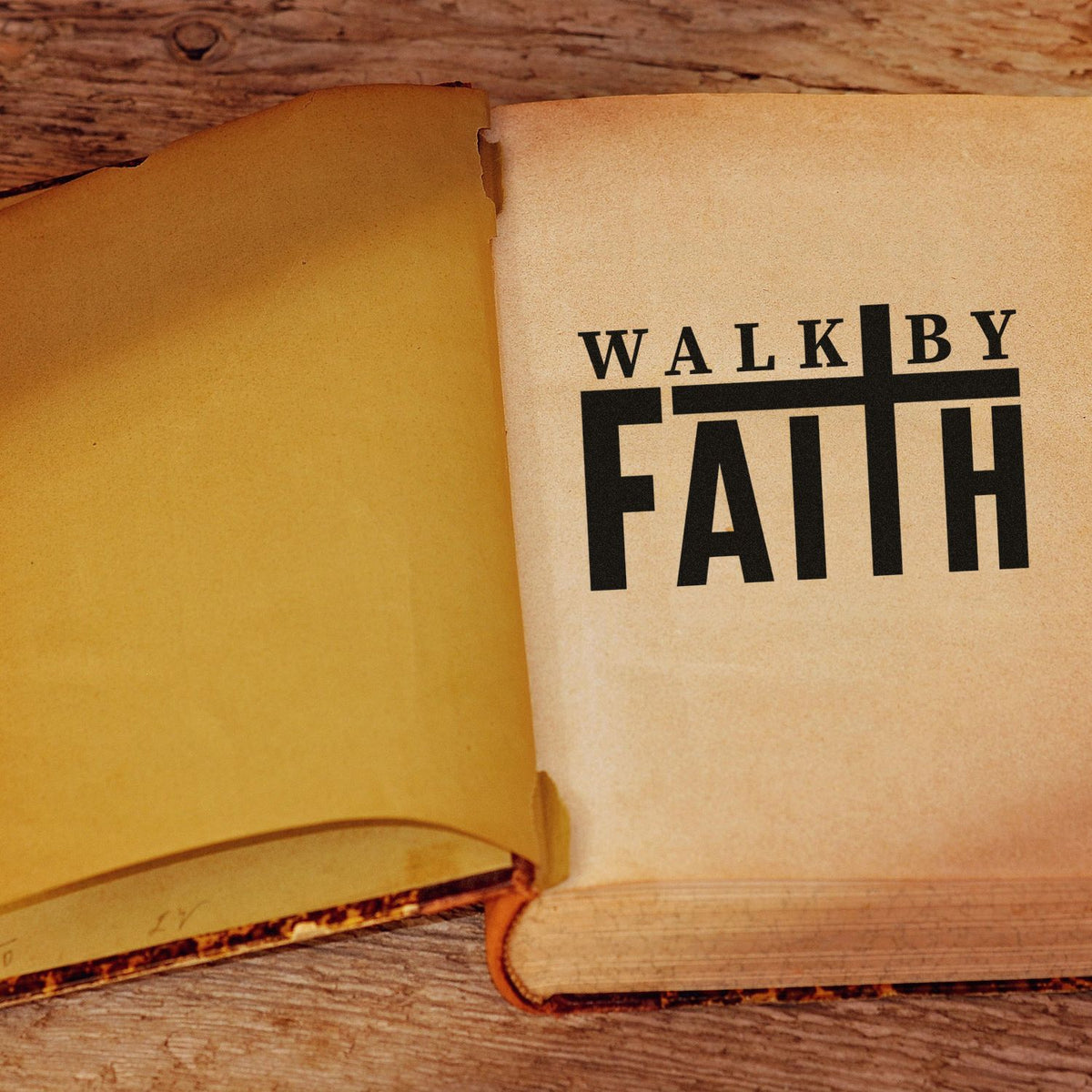 Black Walk By Faith stamp and seal on open cream pages, with a rustic wood background.