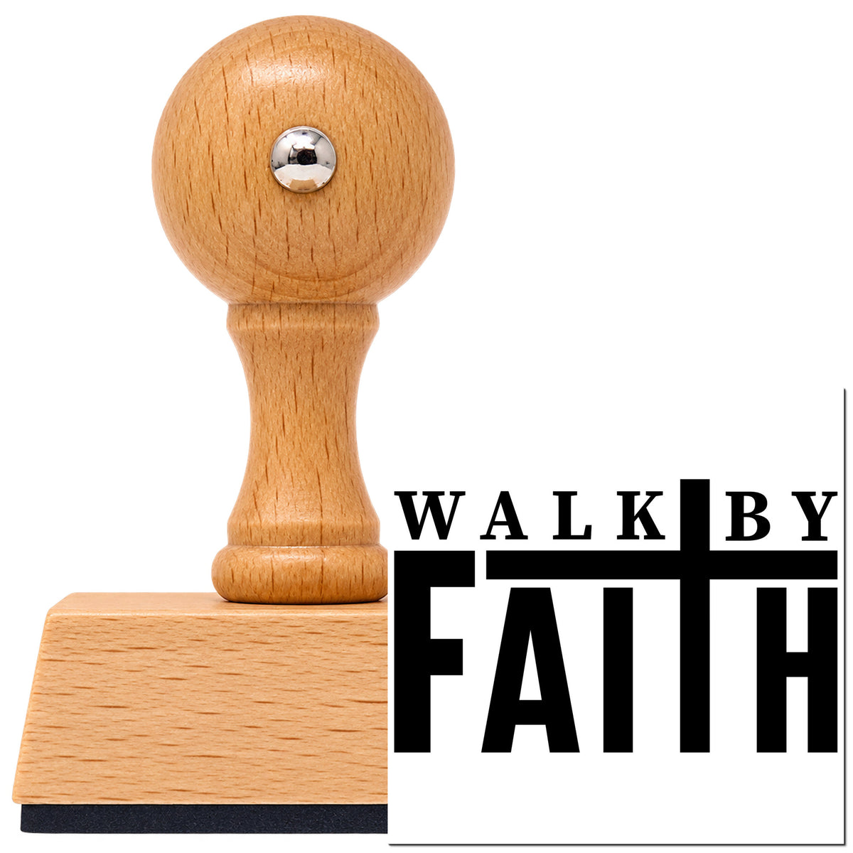 Vintage Pro beech wood stamp with a round knob handle, shown with its black Walk By Faith imprint on white.
