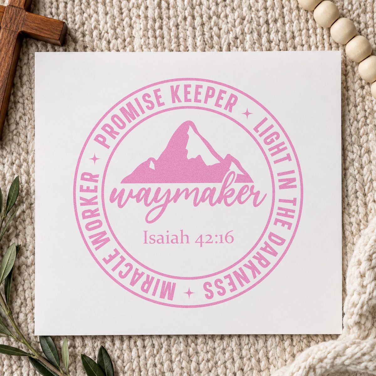 Waymaker Mountain Badge craft stamp in purple ink on cardstock, an easy option for worship concert tees.