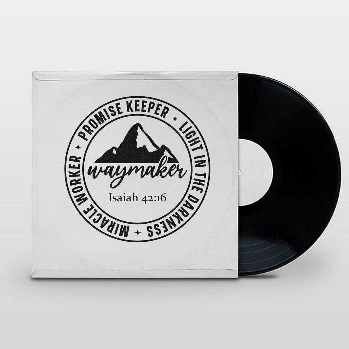 Waymaker Mountain Emblem Premium Wooden Stamp - Vintage Pro imprint stamped in black ink. A mountain sits inside a "Waymaker" badge with Isaiah 42:16, bordered by "Promise keeper," "Light in the darkness," and "Miracle worker."