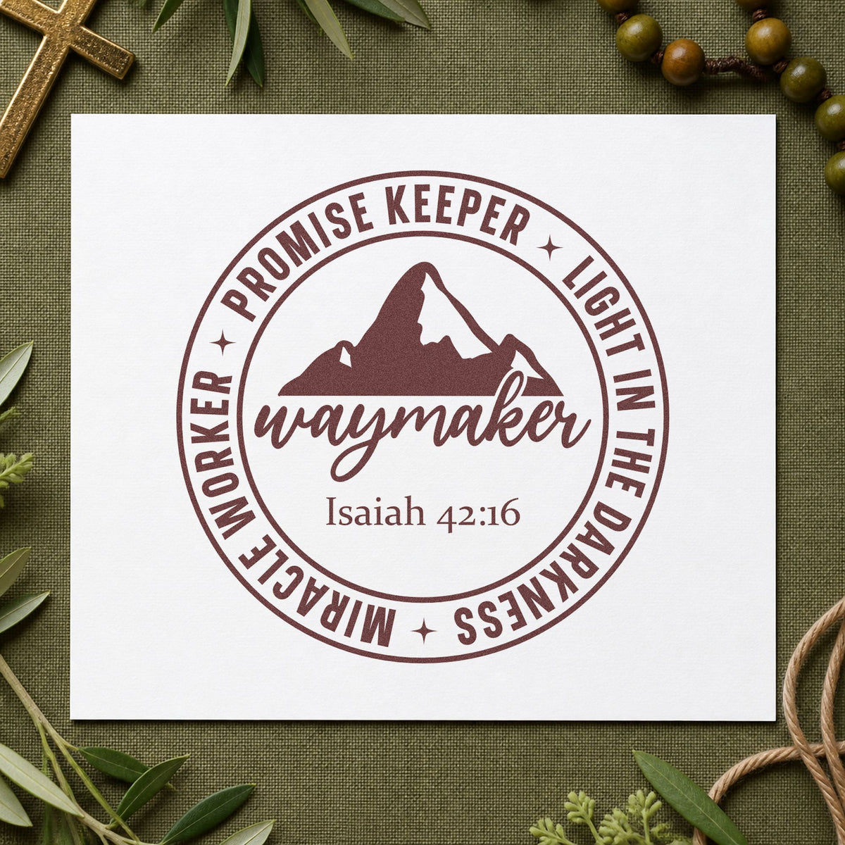 Waymaker Mountain Badge rubber stamp printed in brown ink, ready for scrapbook praise pages and similar paper crafts.