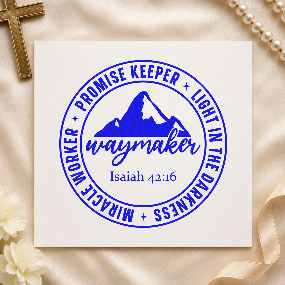 Waymaker Mountain Badge craft stamp in blue ink on cardstock, an easy option for canvas totes.