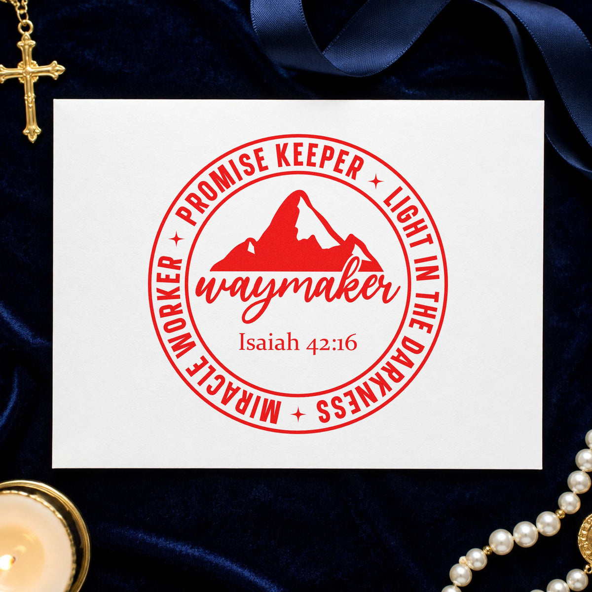 Waymaker Mountain Badge rubber stamp shown in red ink, stamped for projects such as hiking journal covers.