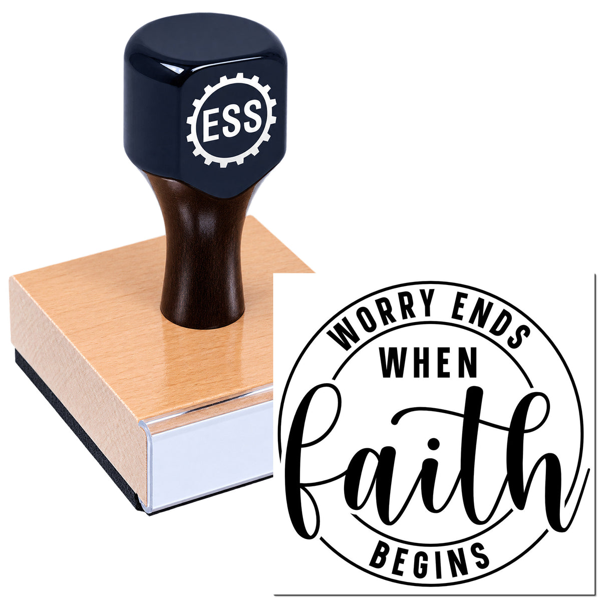 Dark blue ESS seal stamp on wooden block with black circular "Worry ends when faith begins" imprint.