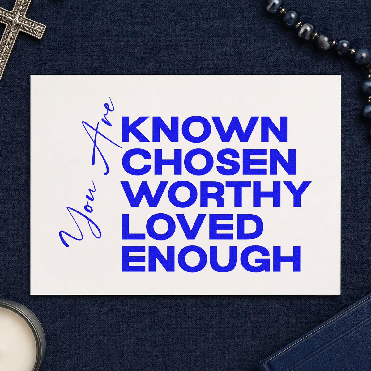 You Are Known and Loved craft stamp in blue ink on cardstock, an easy option for youth retreat tees.