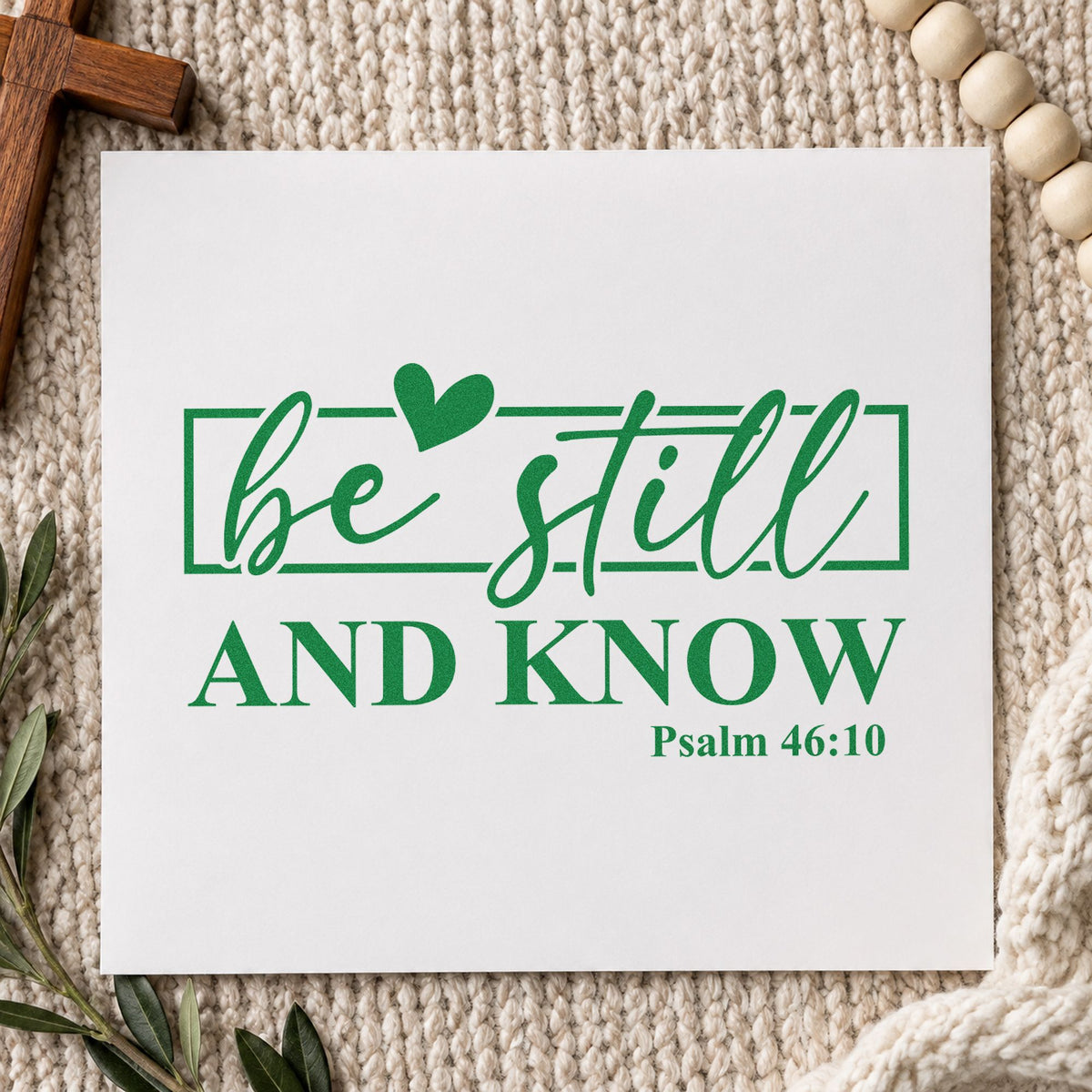 Be Still Heart Frame craft stamp imprint in green ink on a handmade project, one idea being spa day gift tags.