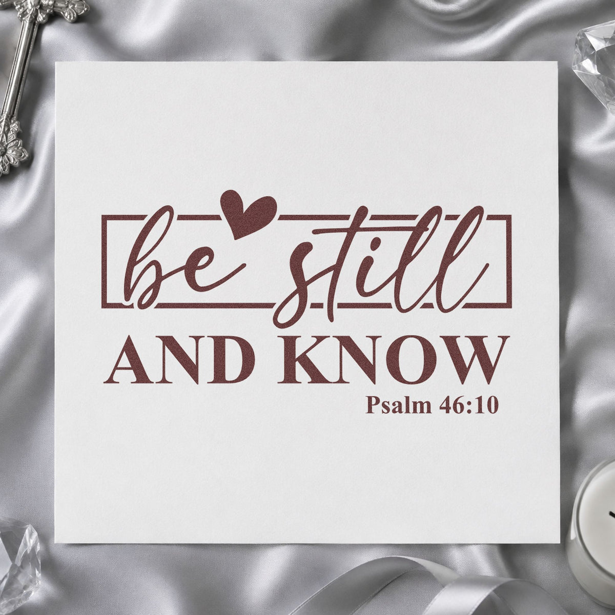 Be Still Heart Frame rubber stamp printed in brown ink, ready for scrapbook retreat pages and similar paper crafts.