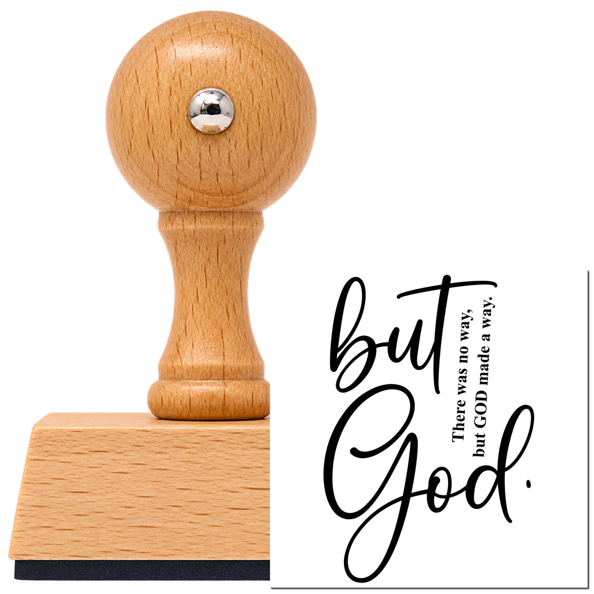 Vintage Pro beech wood stamp with a round knob handle, shown with its black But God Script imprint on white.