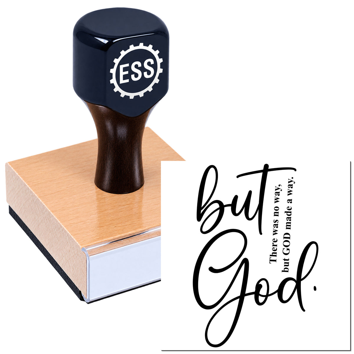 Dark blue ESS custom stamp and seal on a wooden block, beside black "But God" script text.