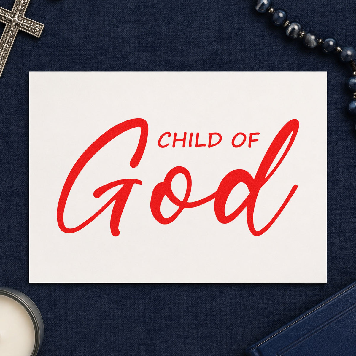 Child of God Script rubber stamp shown in red ink, stamped for projects such as kids' church name tags.