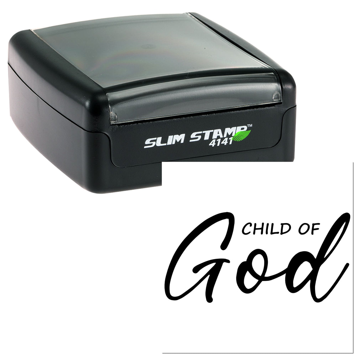 Black self-inking stamp with clear top and Child of God seal imprint in bold script.