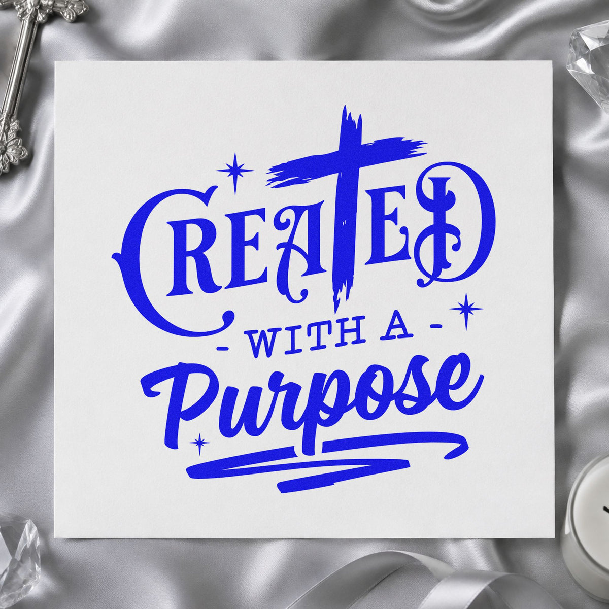 Created with a Purpose Cross craft stamp imprinted in blue ink on paper, a design suited to journal cover stamping.