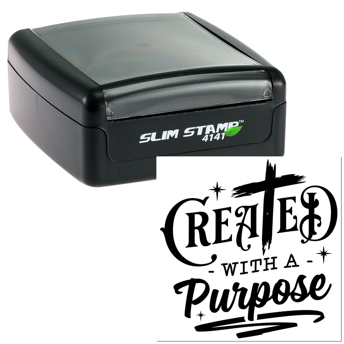 Black Slim Stamp 4141 self-inking stamp with clear cap and custom black seal reading Created with a Purpose.