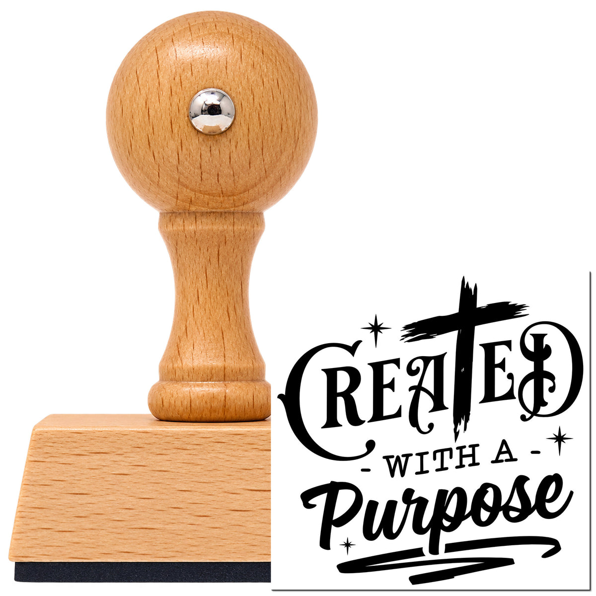Vintage Pro beech wood stamp with a round knob handle, shown with its black Created With A Purpose Cross imprint on white.