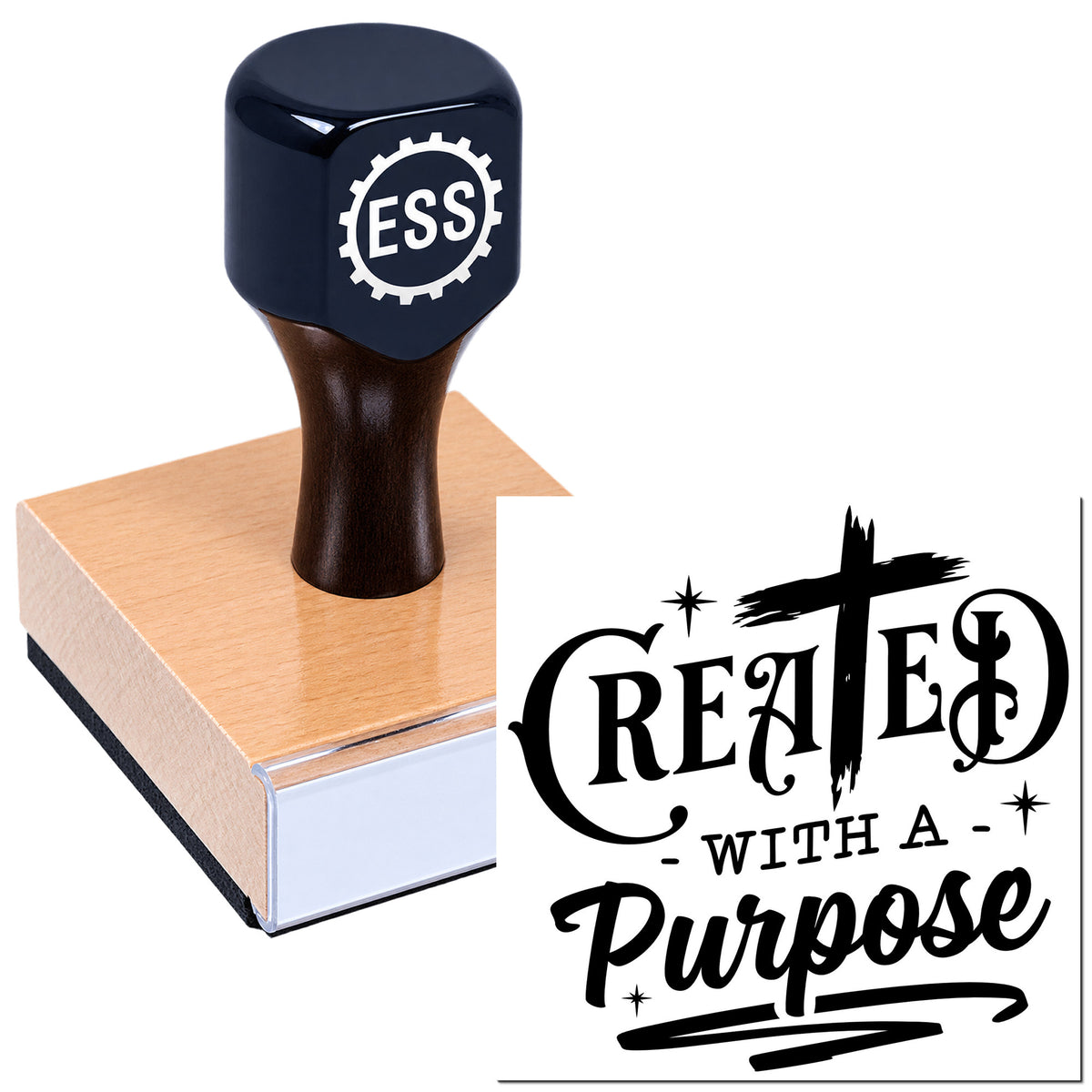 Black custom rubber stamp on tan wooden block, with ESS logo and "Created with a Purpose" seal design.