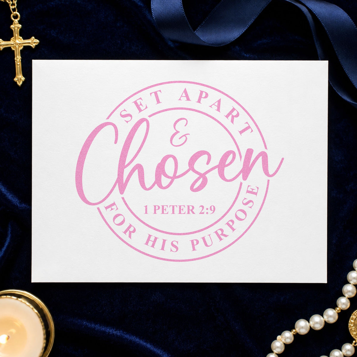 Chosen for His Purpose craft stamp in purple ink on cardstock, an easy option for ordination gifts.